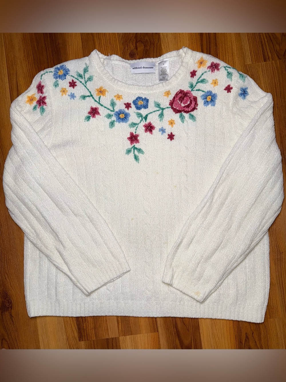 Alfred Dunner White Crewneck Sweater with Multicolor Floral Embroidery